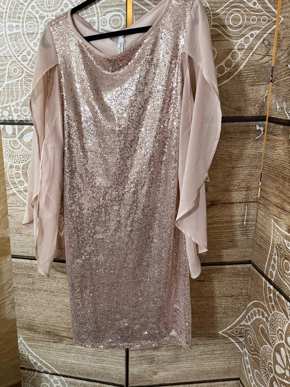 NY Collection Rose Gold Sequin Dress with Chiffon Long Sleeves